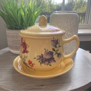 Floral Yellow Mug/Teacup/Sugar Bowl with Saucer
